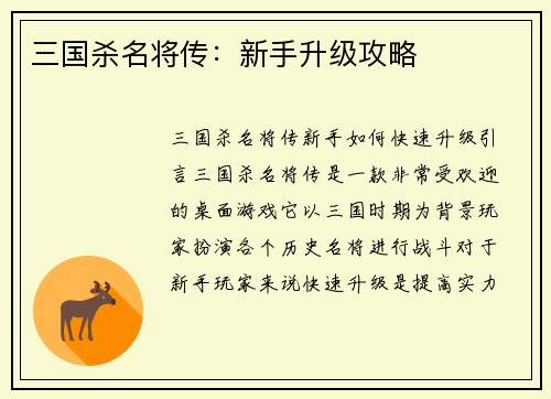 三国杀名将传：新手升级攻略